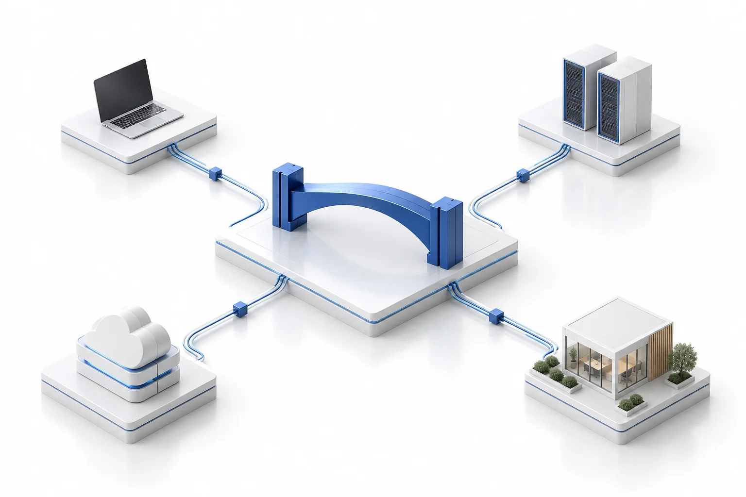 Conceptual 3D architecture: a laptop, servers, cloud and remote office each connect to one central blue bridge.