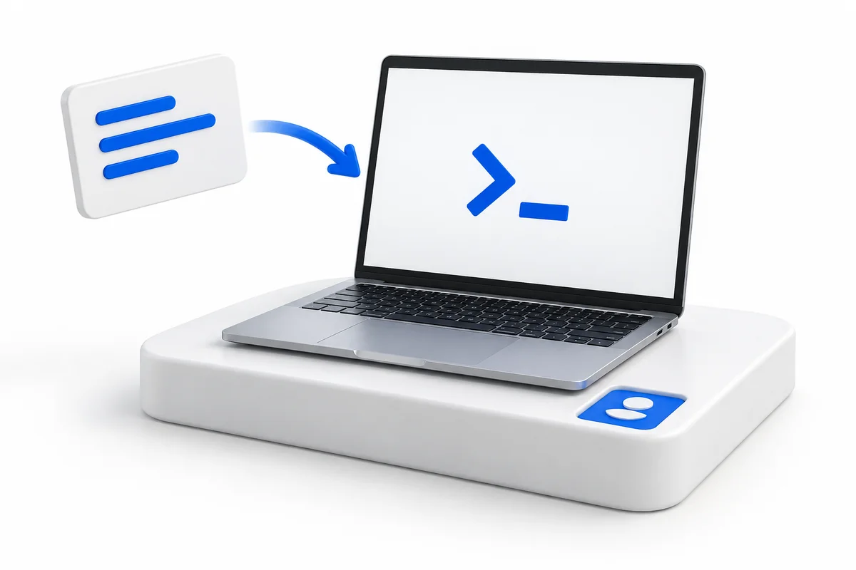A setup prompt beside a laptop, with an identity tile bound to its platform.