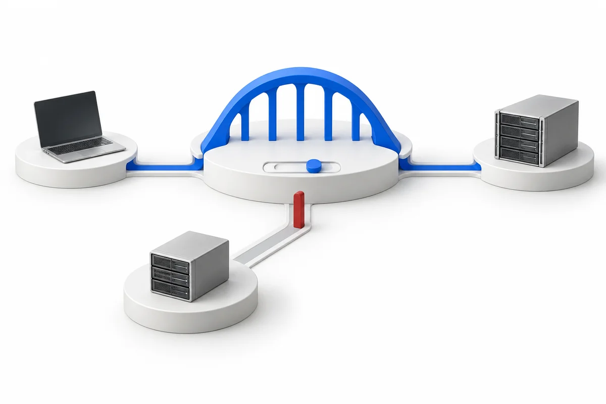 A blue bridge joins a laptop and server, while a third environment has a route stopped before the bridge.